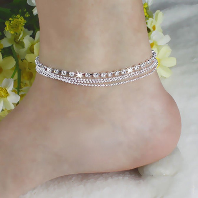 4 layered silver charm ankle bracelet